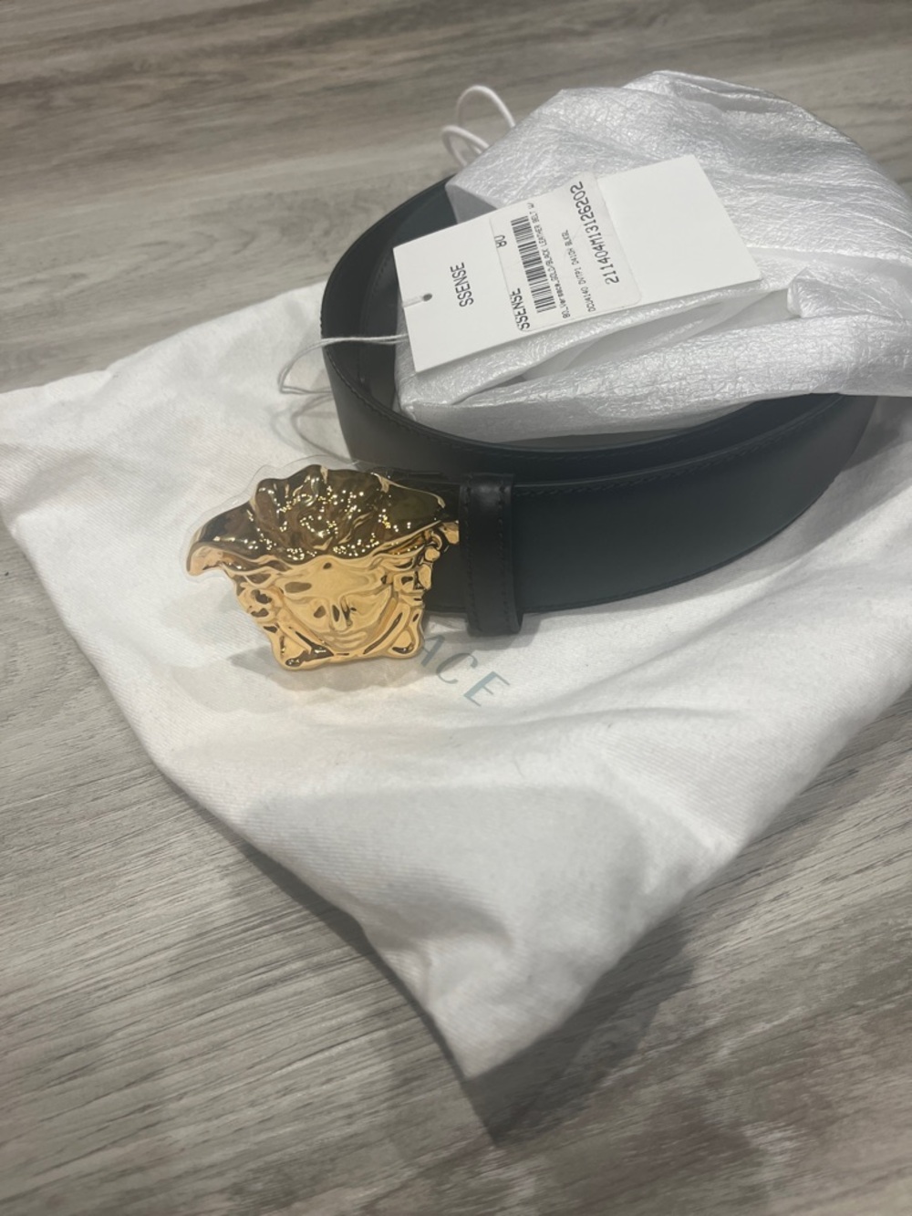 Versace Black Leather Belt with Gold Medusa Buckle Accent